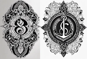 Celtic styling, anchor, compass, bass clef note, treble clef note, dog paw print, half sleeve, forearm tattoo idea