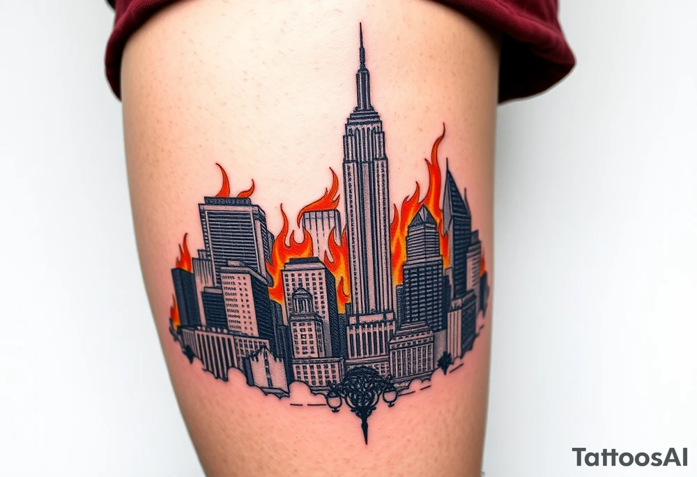 toxic new york city landscape on fire tattoo idea