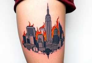 toxic new york city landscape on fire tattoo idea