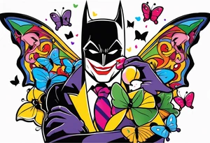 Small Batman and joker tattoo with butterflies and lots of color and harley quinn tattoo idea