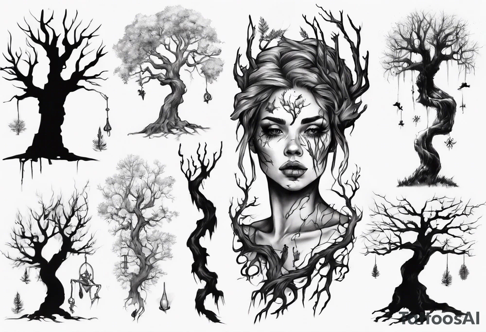 Dying tree girl tattoo idea