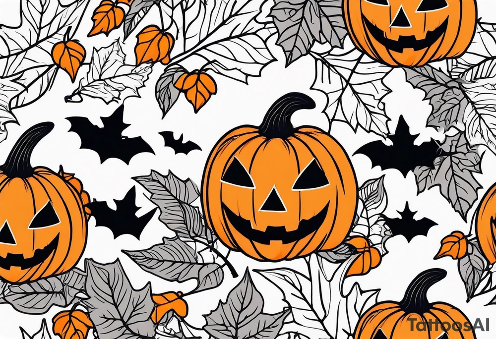 Halloween theme jack-o’-lantern ghost fall leaves bats tattoo idea