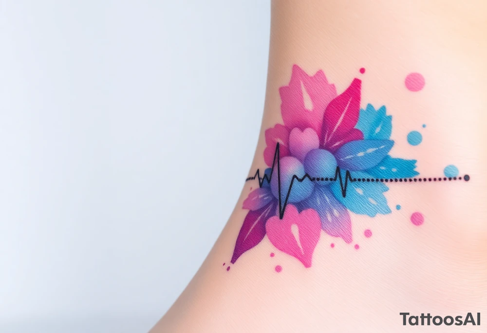 A fragmented heartbeat line, breaking into tiny dots and fading into a burst of watercolor hues, from soft blues to purple and pink. tattoo idea