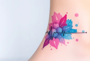 A fragmented heartbeat line, breaking into tiny dots and fading into a burst of watercolor hues, from soft blues to purple and pink. tattoo idea