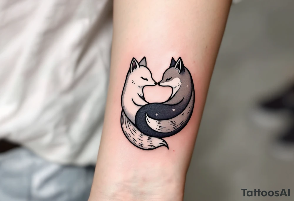 A black and white yin-yang formed by curled foxes on both partners shoulder. tattoo idea