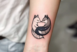 A black and white yin-yang formed by curled foxes on both partners shoulder. tattoo idea