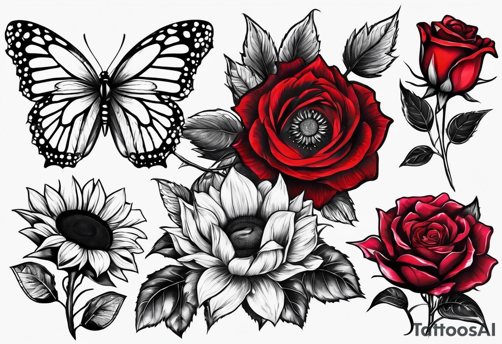 Flower rose, sunflower, butterfly, name: Ruby tattoo idea