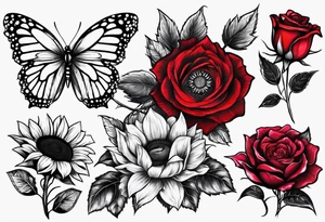 Flower rose, sunflower, butterfly, name: Ruby tattoo idea