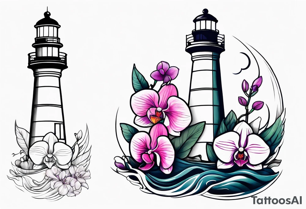 Lighthouse with an anchor and orchids tattoo idea