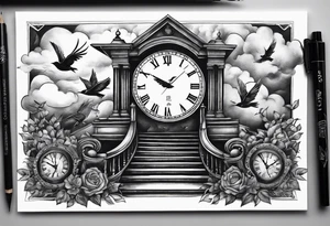 Stairway leading to broken clock, birds in the background in clouds and other cool stuff tattoo idea