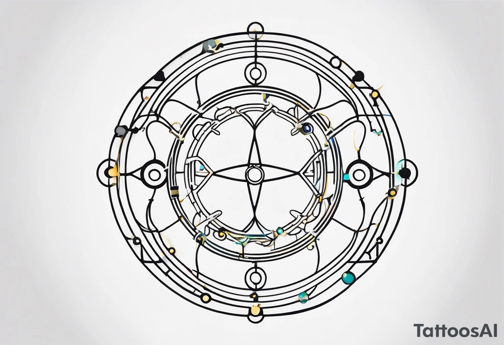 Design a tattoo that combines the elegant entanglement symbol from quantum mechanics with intricate robotic circuitry. The entanglement lines should intertwine seamlessly with the mechanical gears, symbolizing the fusion of cutting-edge technology and quantum physics tattoo idea
