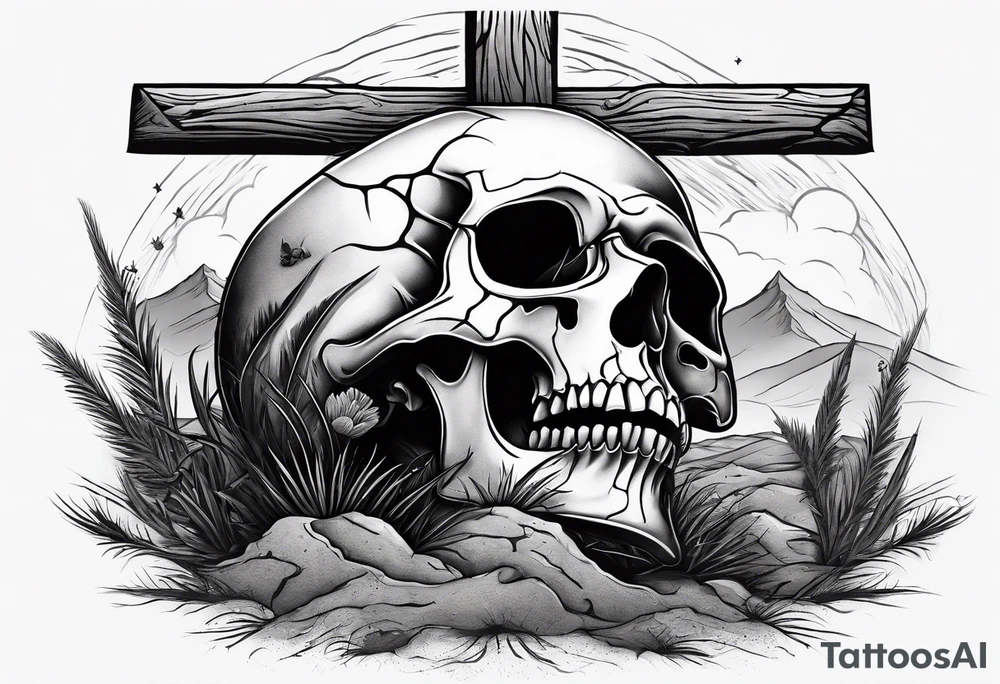 skeleton crawling towards a cross in a desert tattoo idea