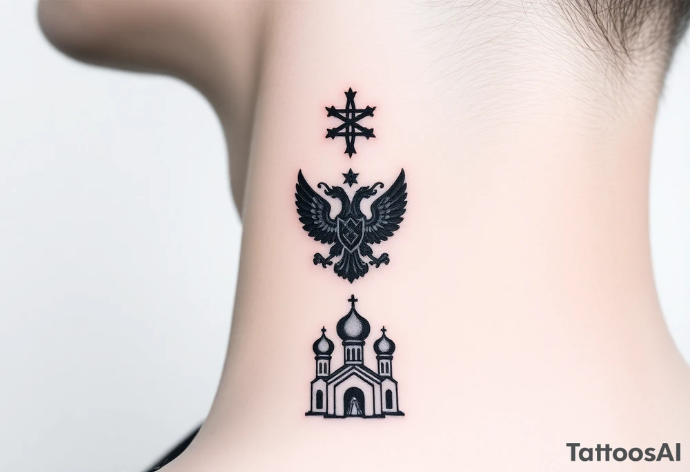 Stacked Vertical Column 

Russian star — small, bold
Middle: Miniature double-headed eagle — simplified, cleaner lines to suit the smaller space
Bottom: Orthodox church dome(s) with a small Virgin Mary silhouette beneath tattoo idea