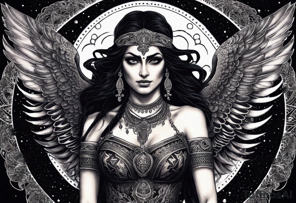 black kali, goddess pirate, alien, angel, pachamama, valkrye, warrior, flying, skull, lotus azul, wing, eagle, zenza resonance, stars, 5D, anahata chakra, death, durga, riding on a tiger, flying lady, chest tatoo tattoo idea