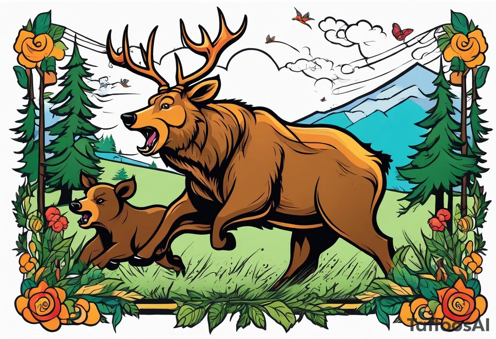 Hunter hunting deer being chased by a bear tattoo idea