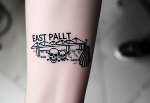 “East Palo Alto” city sign and “Newark” city sign on opposite sides of a bridge going across water in California with skulls and money and  scarface tattoo idea