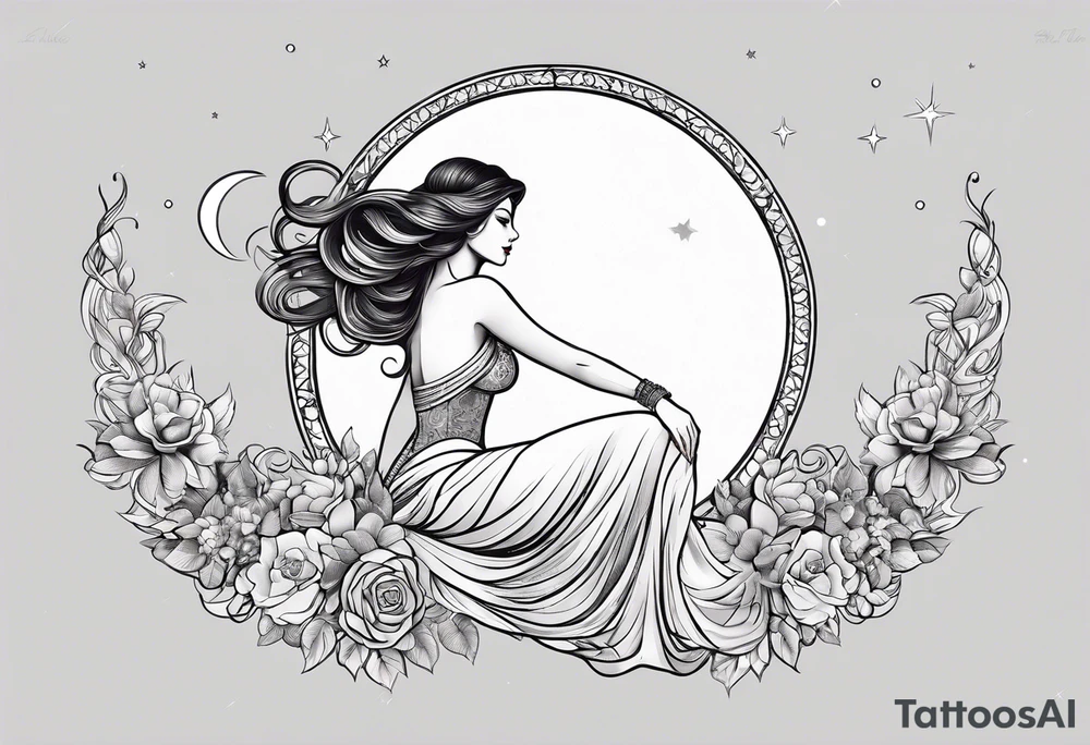 Hot woman in dress riding a crescent moon tattoo idea