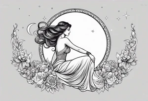 Hot woman in dress riding a crescent moon tattoo idea