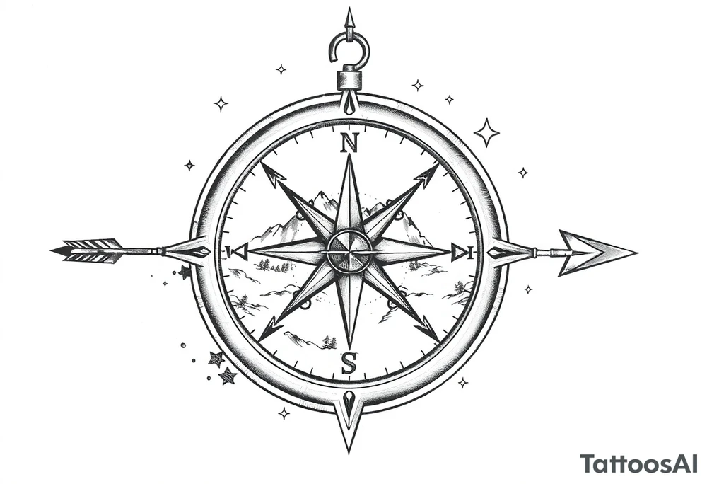 a compass,stars,landscape,an arrow. tattoo idea