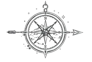 a compass,stars,landscape,an arrow. tattoo idea