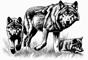 Alpha wolf stalking  with two cubs tattoo idea