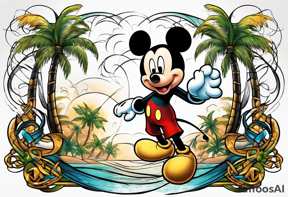 mickey mouse doing martial arts with palm trees, lightning storm and the celtic symbol for family tattoo idea