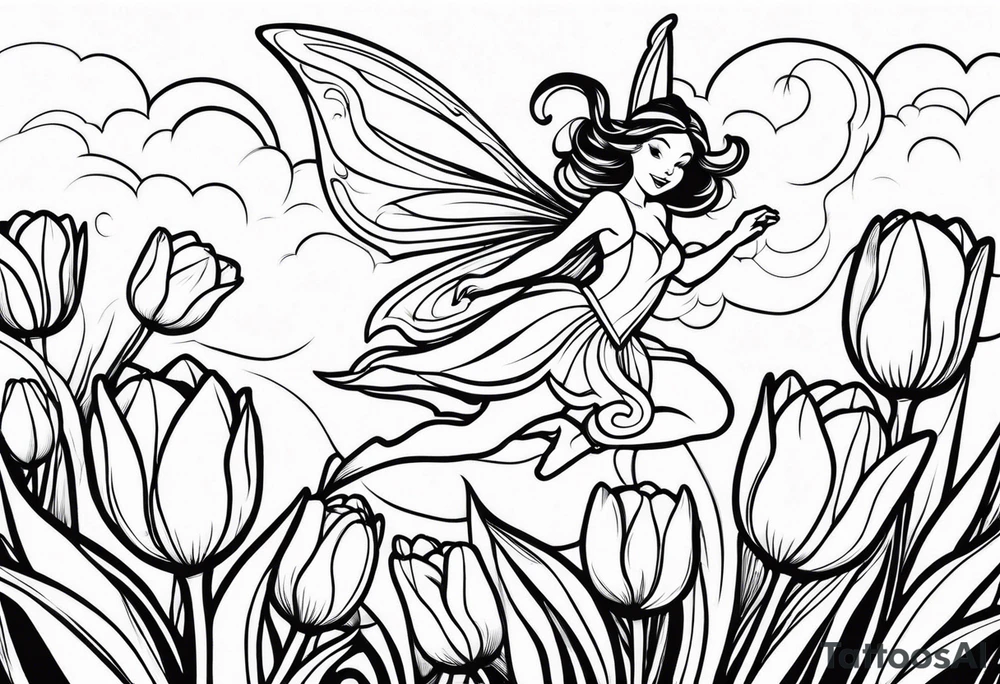 a fairy flying into a tulip tattoo idea