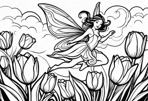 a fairy flying into a tulip tattoo idea