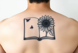 An open book with a sunflower and bees as one page tattoo idea