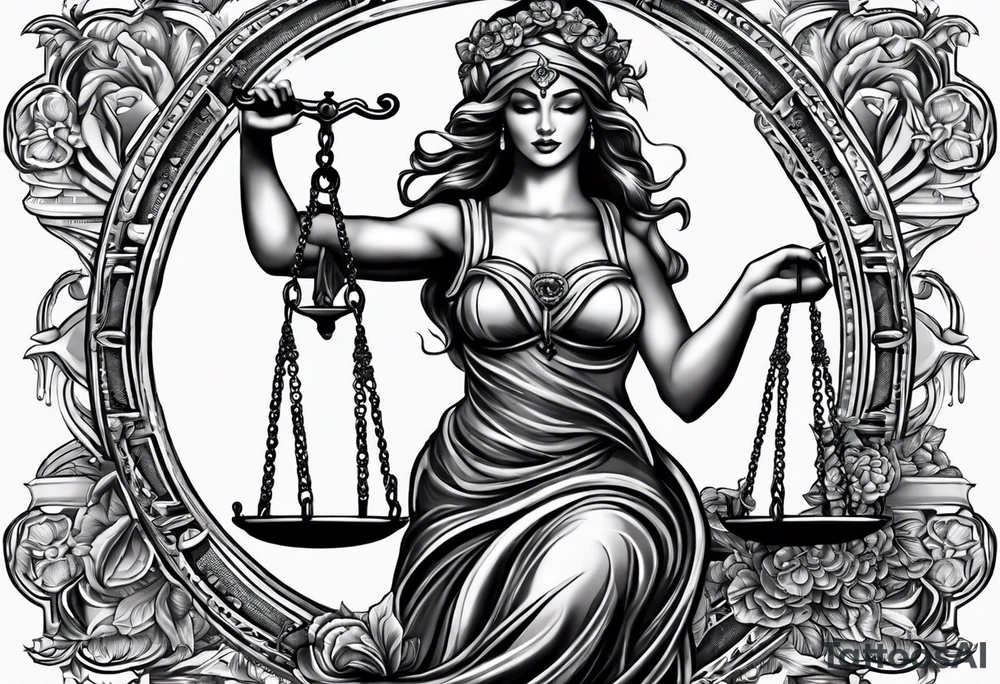 A blindfolded woman holding scales, themed around justice and equality. tattoo idea
