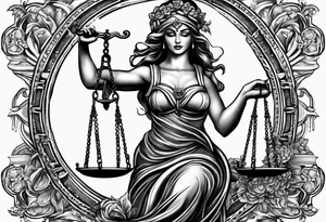 A blindfolded woman holding scales, themed around justice and equality. tattoo idea