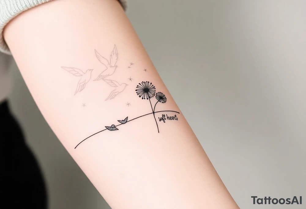Double Black armband line around the forearm with wildflower dandelions in the middle with birds flying off and dopamine symbol coming off the stem. The words: Restless Mind, Wild Soul, Soft Heart tattoo idea