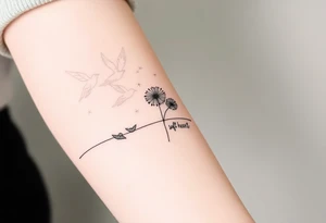 Double Black armband line around the forearm with wildflower dandelions in the middle with birds flying off and dopamine symbol coming off the stem. The words: Restless Mind, Wild Soul, Soft Heart tattoo idea