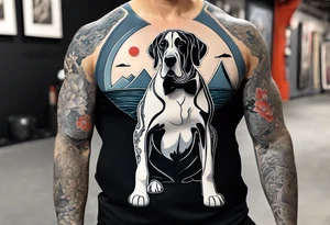 Arm sleeve with Great Dane (Full Tuxedo Color and floppy ears) standing proudly chest up on a rock in front of a body of water tattoo idea