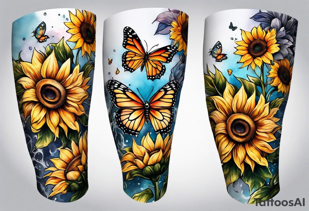 Arm sleeve with sunflowers and butterflies tattoo idea