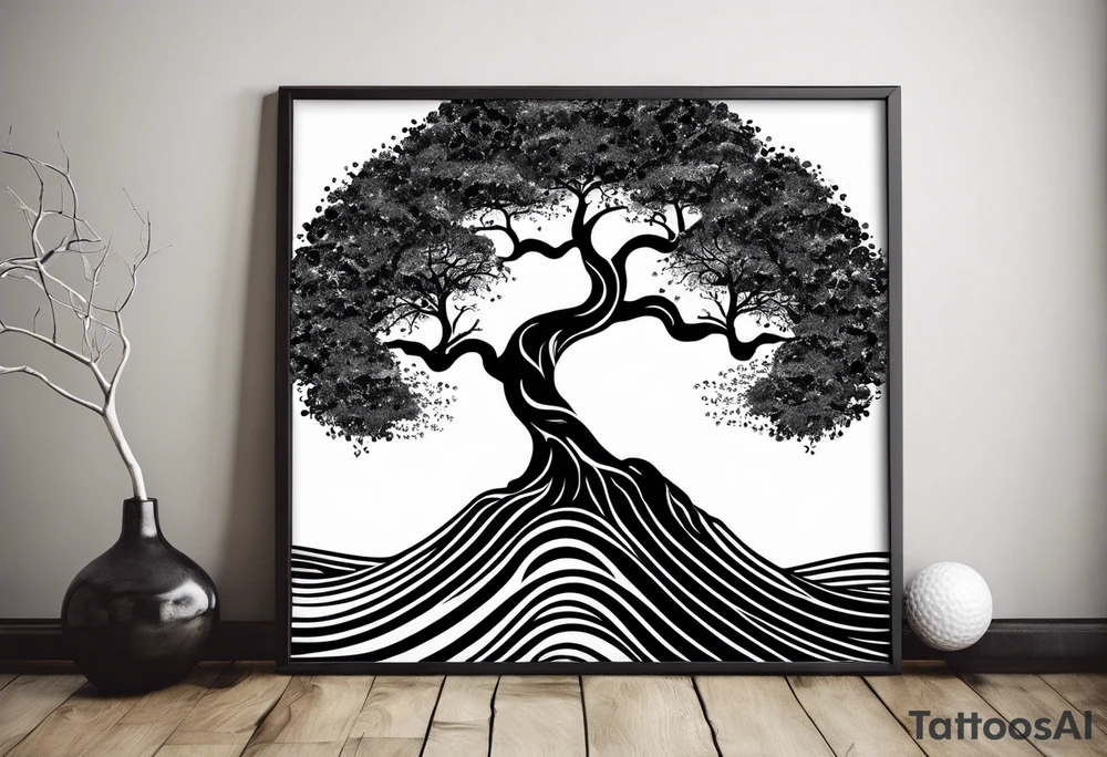 an abstract Tree of life tattoo design. Black and white. It should have roots growing out of the bottom. The roots slowly transform into water waves from the great wave by Hokusai. A golf ball should be placed discreetly. Like in the place of a moon. 2 license plate tags should be hanging from the tree. Place a few music notes. The letters A U should be engraved into the tree trunk in a heart tattoo idea