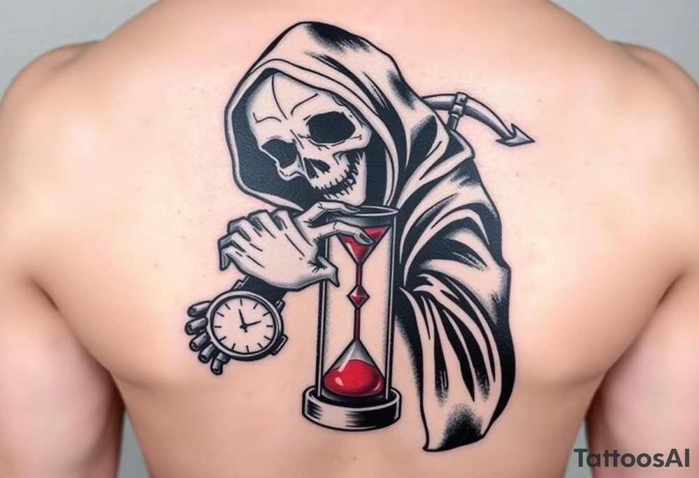 Simple grim reaper looking at a watch on his wrist with a hourglass with red sand and diamond geometric shapes for the thigh tattoo idea