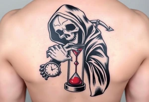 Simple grim reaper looking at a watch on his wrist with a hourglass with red sand and diamond geometric shapes for the thigh tattoo idea