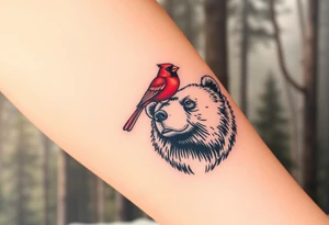 Cardinal sitting on a bear’s nose. The bear looks happy. Forest background tattoo idea
