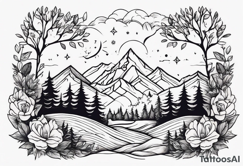 Full sleeve tattoo that symbolizes Family Love, memories of deceased family, mental health, adventure in mountains tattoo idea