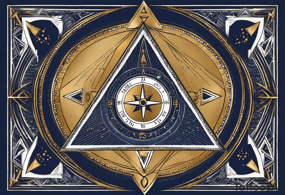Design Layout
Primary Shape: A triangle as the main framing element, representing harmony and balance. The triangle contains and organizes all other elements inside and around it.
Central Element: Compass in the center of the triangle, symbolizing guidance and direction.
Symbol Placement and Details
Anchor (Strength): Positioned at the lower-left point of the triangle, grounded and stable to represent strength and resilience.
Heart (Love): Placed near the upper-left of the triangle, symbolizing love as a core value.
Olive Branch (Peace): Located at the upper-right of the triangle, with soft, curved lines to convey calmness and peace.
Open Hand (Kindness): Positioned at the lower-right point of the triangle, slightly reaching out or open to symbolize kindness and generosity.
Lotus Flower (Compassion): In the center of the triangle surrounding or beneath the compass, symbolizing personal growth, compassion, and enlightenment.
Chain Link (Loyalty): Integrated into one side of the triangle’s border or framing, symbolizing unbreakable bonds and loyalty.
Sun (Goodness): Above or behind the triangle, radiating subtly to symbolize light, warmth, and goodness.
Clear Open Eye (Honesty): Near the compass or positioned centrally within the triangle, representing clarity, insight, and honesty. tattoo idea