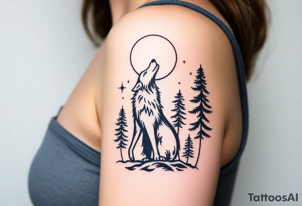 Lone wolf howling at the moon in the forest in the night Columba star tattoo idea