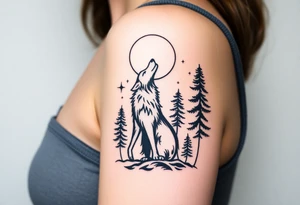 Lone wolf howling at the moon in the forest in the night Columba star tattoo idea