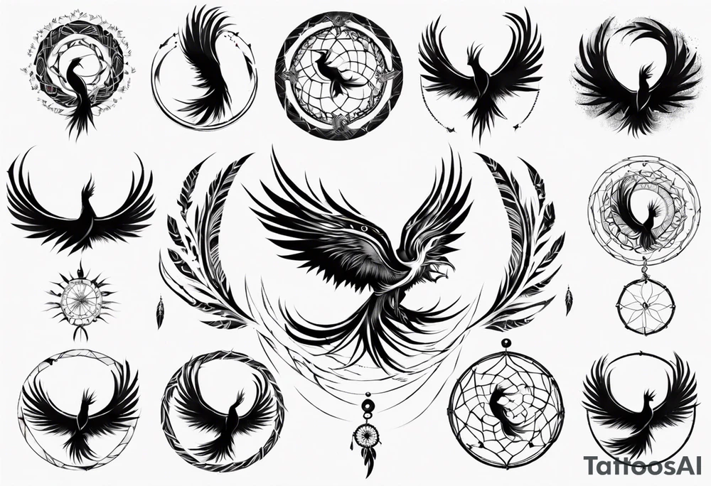 Vertical open mouthed flying Phoenix in circle with long abstract dream catcher feather tail tattoo idea Vertical open mouthed flying Phoenix in circle with long abstract dream catcher feather tail tattoo idea