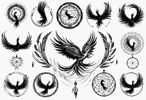 Vertical open mouthed flying Phoenix in circle with long abstract dream catcher feather tail tattoo idea