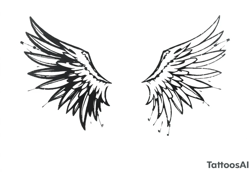 the wings go up

This tattoo design features a pair symmetrical angel wings drawn in black ink with a rough, sketch-like style. The left wing is darker, more defined, and appears denser, while the right wing is lighter, more delicate, and fragmented, creating a contrast between the two. The feathers are sharp and irregular, with fine lines and stray strokes extending outward, adding a raw and artistic feel. The overall look is dynamic and slightly chaotic, giving the impression of movement or an unfinished, ethereal form. This design symbolizes duality, freedom, transformation, or even struggle, making it a meaningful and visually striking tattoo. tattoo idea