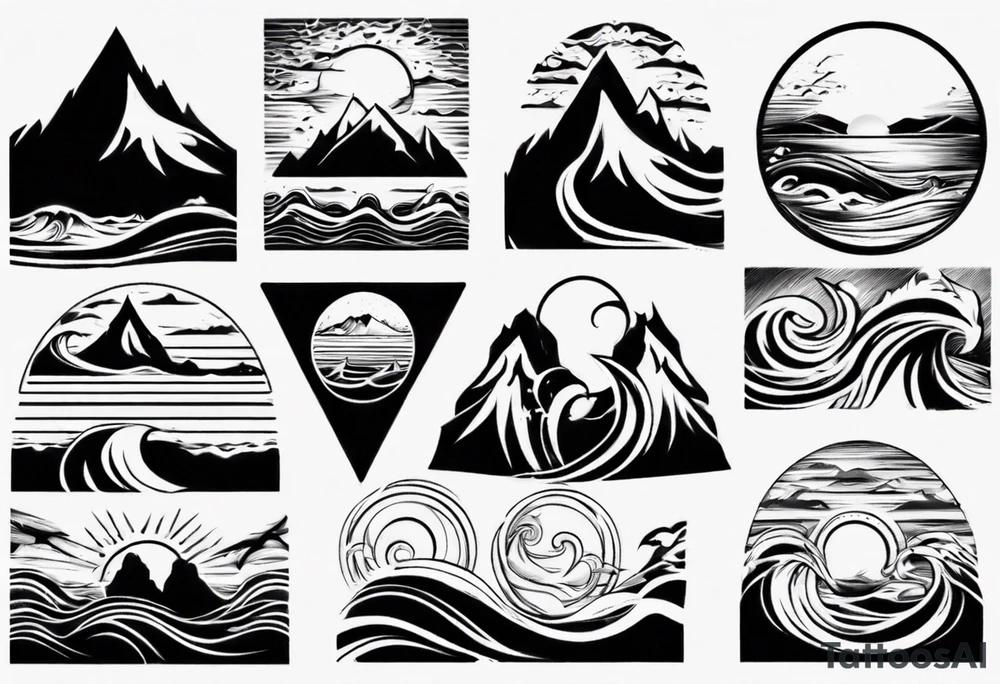 mountains, beach, waves, sunset tattoo idea