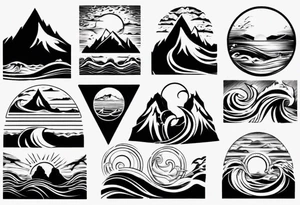 mountains, beach, waves, sunset tattoo idea