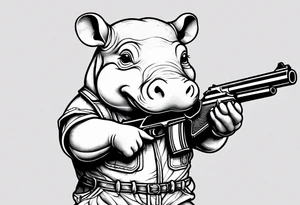 Baby hippo wearing overalls and holding a shotgun tattoo idea