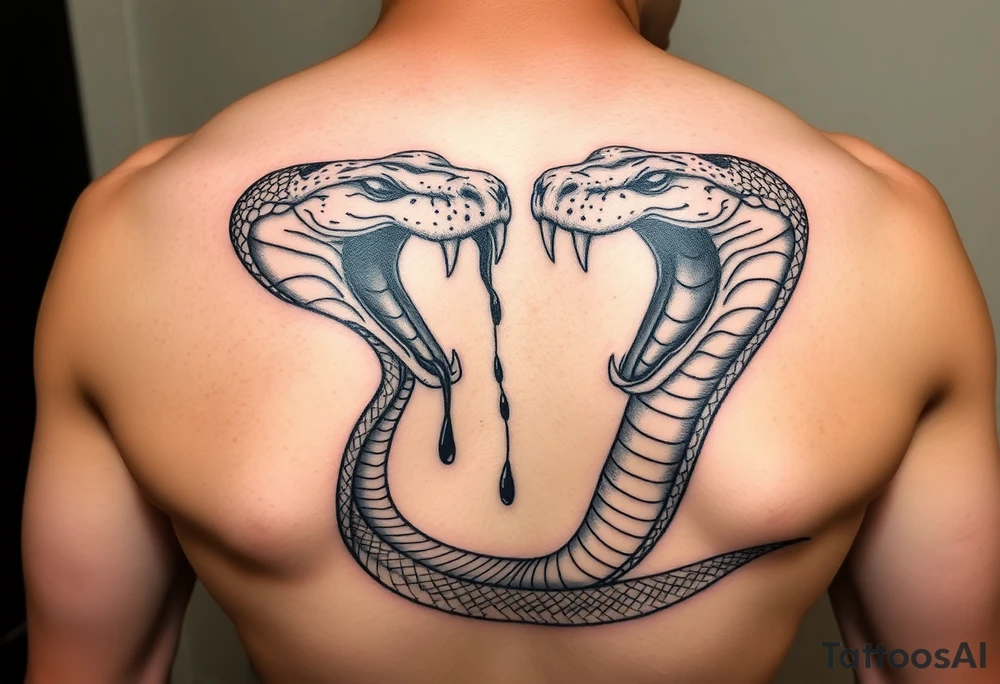 1 snake 2 Headed snake 1 dominate 1 and the other bigger and scarier both heads giant fangs out 1 head pulling away so hard there’s blood on the neck where the 2 heads split its 2 fierce baby cobra heads tattoo idea